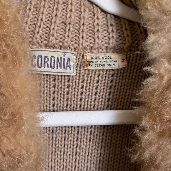 Vintage 70s Chunky Wool Knit Cardigan Sweater Fur Trimm Sz Medium Tan - Picture 2 of 7